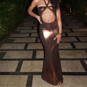 Bronze Metallic Cut-Out Maxi Dress